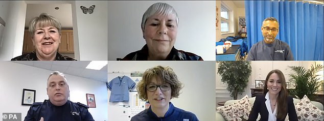 Wearing a stylish black jacket and white top, Kate, 39, spoke to nurses from Coventry University and Warwickshire NHS Trust via the video link (above) to hear about their work and thank them for their efforts during the pandemic.