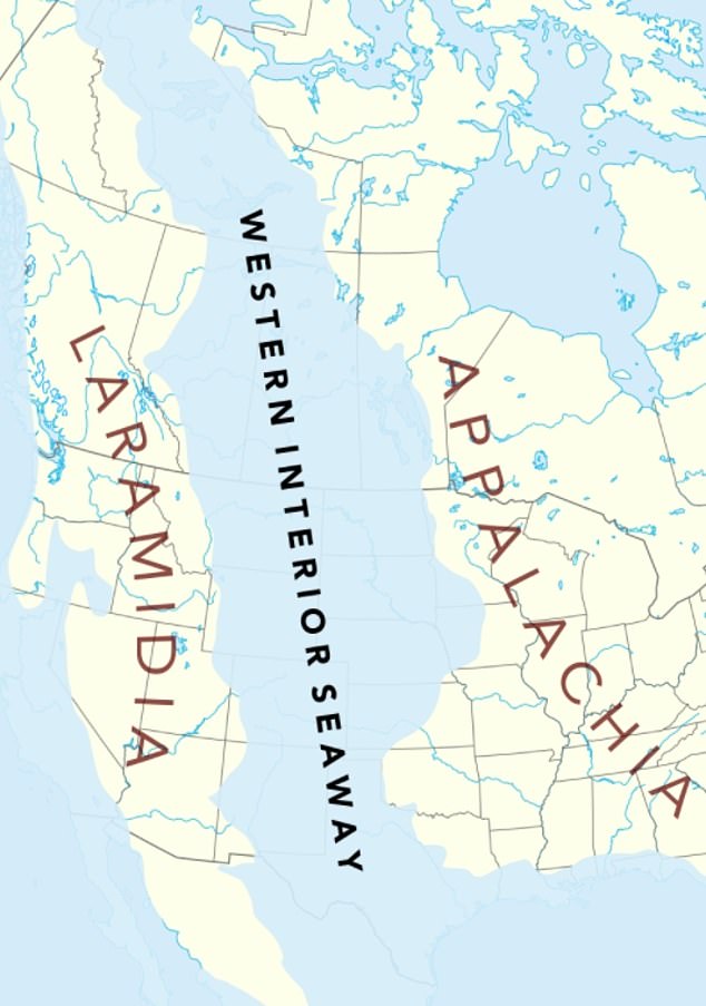 The creation of the sea lane caused the formation of a long and thin land mass known as Laramidia to the west and the wider, rectangular Appalachia to the east.